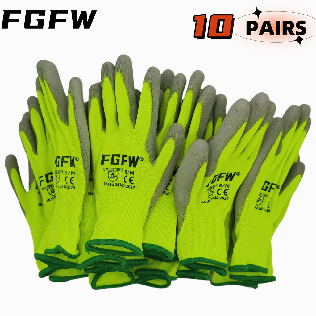 10 Pairs PU Coated  Automotive Work Gloves - Lightweight, Durable Safety Gloves EN Certified