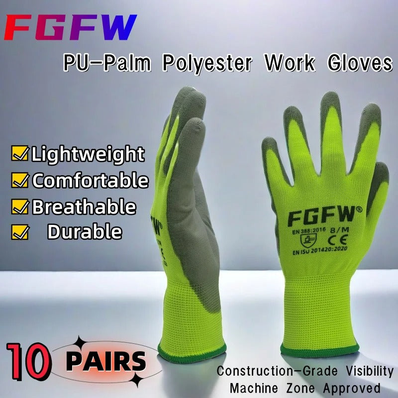 10 Pairs PU Coated  Automotive Work Gloves - Lightweight, Durable Safety Gloves EN Certified