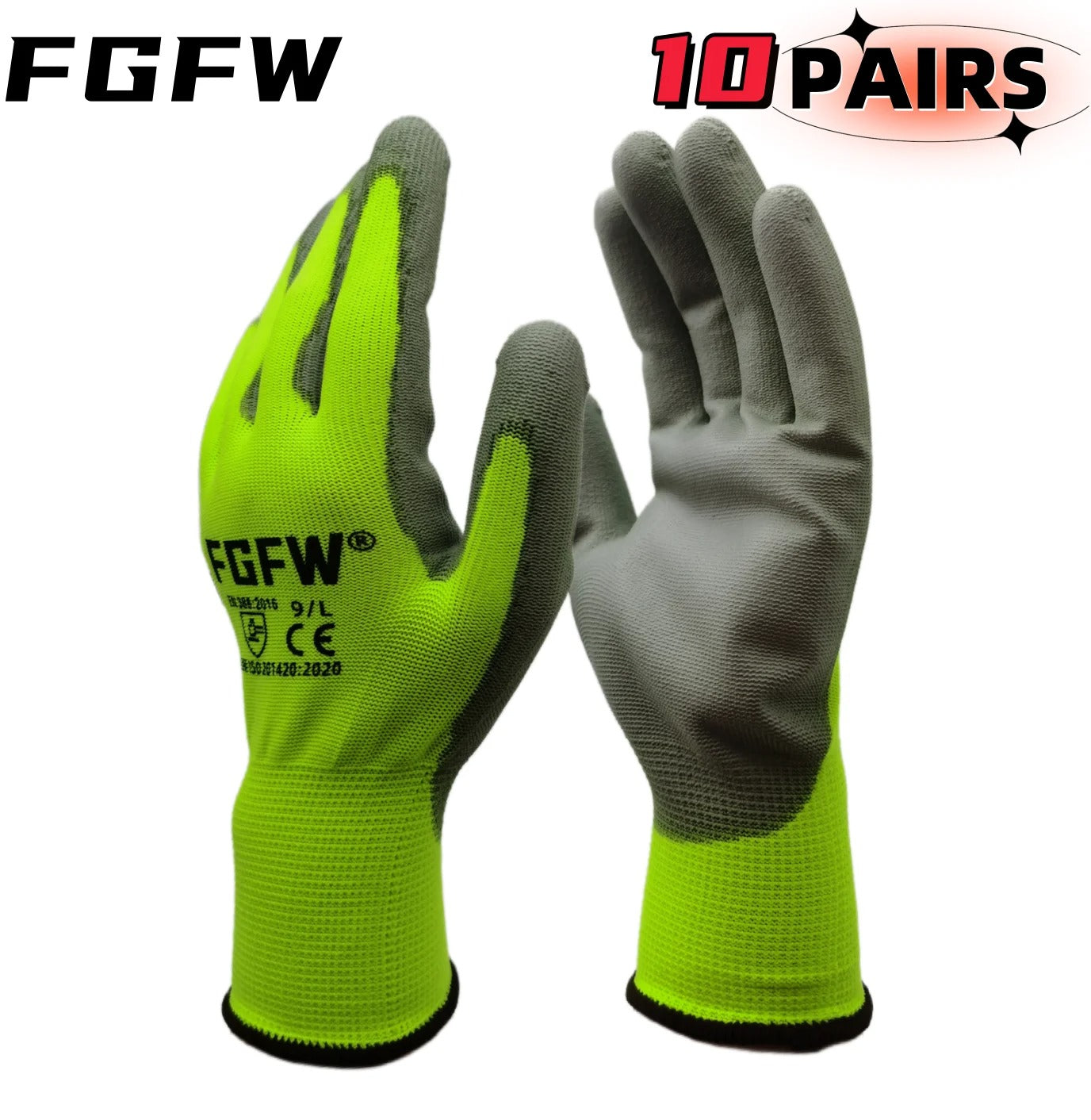 10 Pairs PU Coated  Automotive Work Gloves - Lightweight, Durable Safety Gloves EN Certified